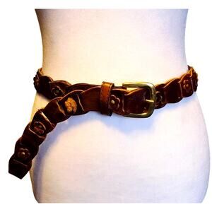 Boho Vintage Brown Woven Retro Leather Belt Floral with Brass Buckle Size Small